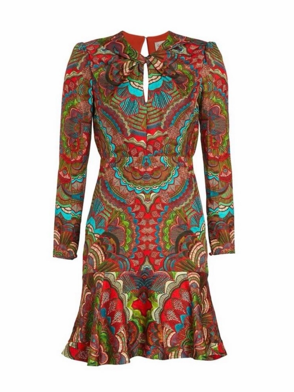 SALONI Red Multi-Print Long-Sleeve Tie-Neck Dress, gently used